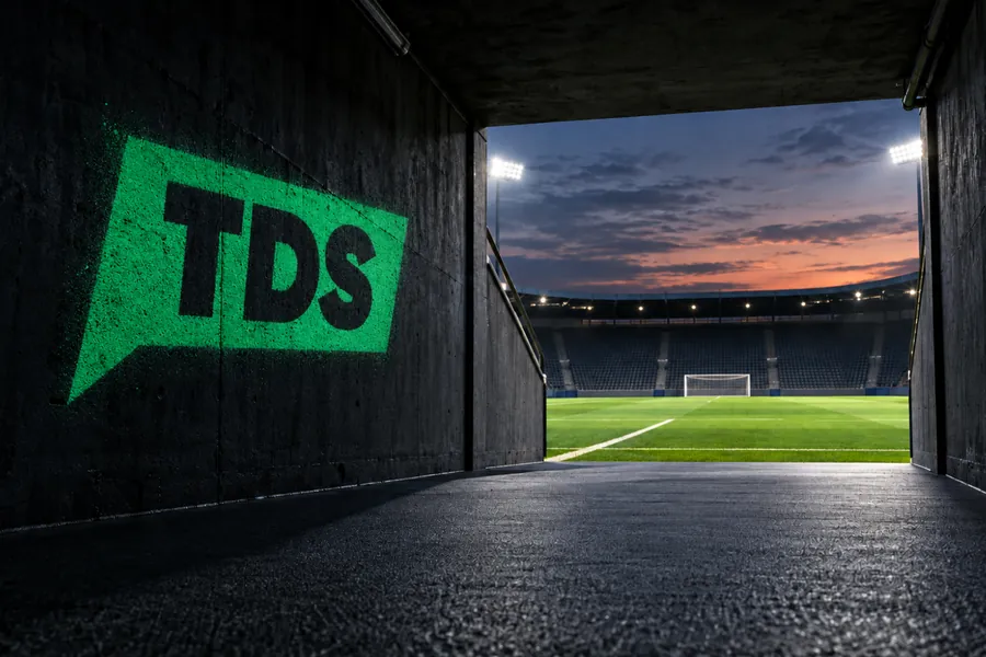 Il marchio TDS in verde sulla parete del tunnel che porta in campo, con lo stadio illuminato in fondo