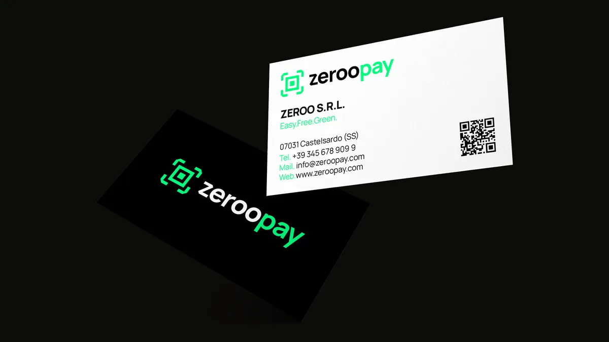 Biglietto da visita ZerooPay: marchio verde lime su fondo bianco, con il simbolo a mirino